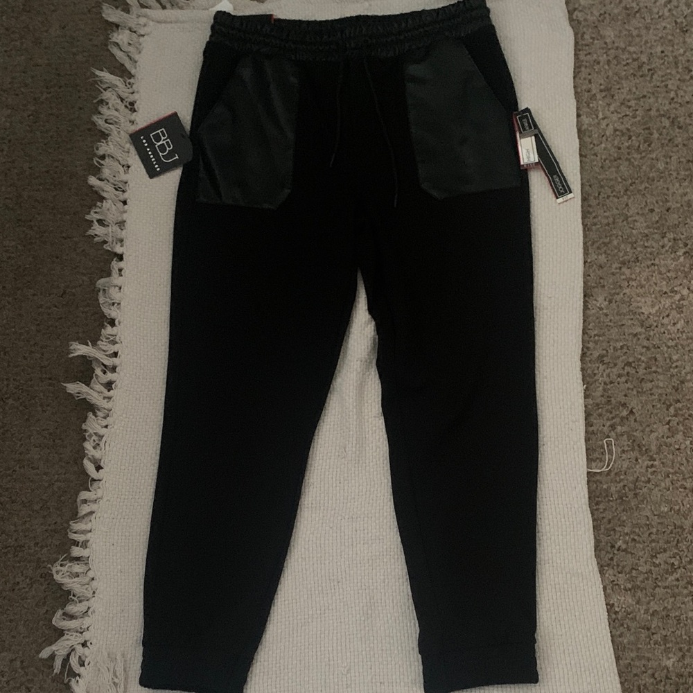 Womens Black Joggers with Faux Leather Pockets